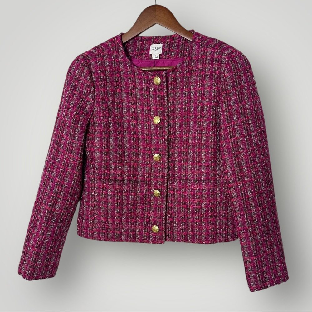 J.Crew Pink Tweed Lady Jacket Size 2 Gold Crest Buttons Cropped Blazer BS928 New - Picture 5 of 14